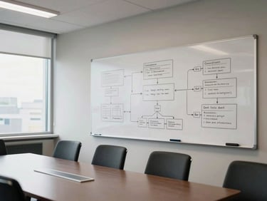 Wide shot of a professional services meeting room, whiteboard covered in structured notes and process diagrams, empty chairs around a table, bright overcast window light from the left