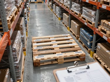 Close overhead shot of a logistics warehouse aisle, pallets and barcode labels visible on shelves, bright fluorescent even light, no people, documentation clipboard in foreground corner