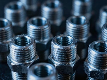 Close-up of forged steel pipe fittings, threads visible, sharp metallic highlights, deep shadows, cool blue undertones, 35mm, macro focus.
