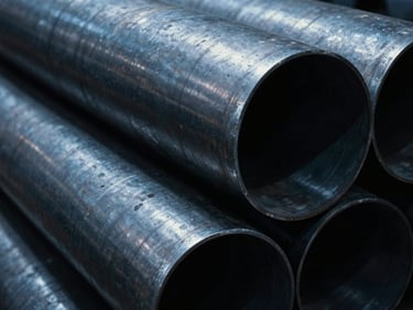 Stack of large diameter heavy-wall industrial pipes, metallic texture, low-key dramatic studio lighting, cool blue undertones, 35mm.
