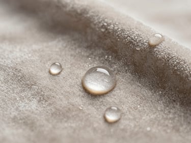 Extreme macro shot of water droplets perfectly beading up on a luxurious light-colored velvet fabric, soft golden side lighting highlighting the spherical water tension
