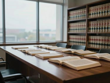 Wide environmental shot of an empty law library reading table under north-facing window light, open legal volumes arranged in precise order, no people, cool daylight, calm negative space on the left third