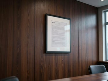 Close-up architectural detail of a dark-wood paneled conference room wall with a single framed document, cool natural sidelight from an unseen window, empty chair visible at edge, no people