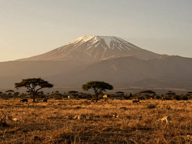Wide-angle photograph of Amboseli savanna during golden hour, Mount Kilimanjaro rising majestically in the background, warm natural light, rich earthy tones.
