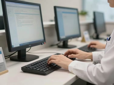 Close-up of a clinic receptionist's hands typing at a desk with a computer screen reflecting soft daylight, organised reception counter, calm and professional atmosphere
