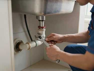 A plumber kneeling beside exposed pipes under a sink, natural light from a nearby window, hands visible holding a wrench, focus on the work in a real domestic setting