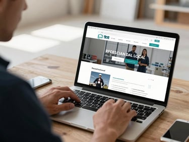 A contractor reviewing a professional website on a laptop at a job-site desk, daylit interior space, hands on keyboard, focus on the screen showing a clean local business site