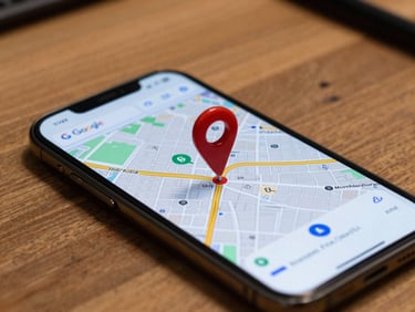 Close-up of a smartphone screen showing a Google Maps result pin on a French city map, resting on a wooden workbench, natural daylight from the side, shallow focus on the pin