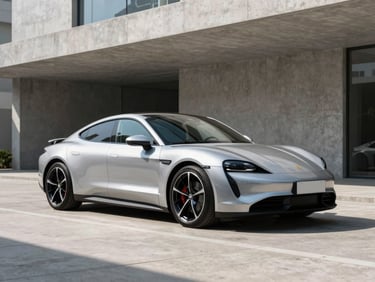Sleek silver modern sports car parked outside a concrete architectural pavilion, bright natural daylight, crisp reflections, 35mm lens