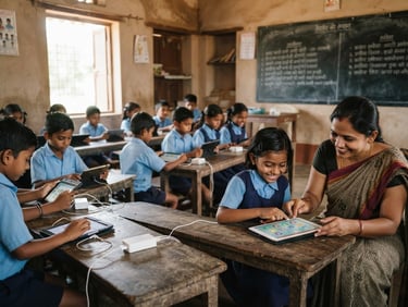 Wide shot of a digital classroom in rural India, students actively engaged with tablets, natural daylight, crisp details, professional corporate realism, 35mm lens, shallow depth of field, teacher assisting a child in the right third of the frame.