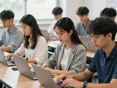 Young adults in a vibrant digital classroom, focused on laptops, natural daylight, crisp details, rich authentic colors, professional corporate realism, 35mm lens, shallow depth of field