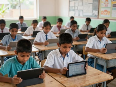 A vibrant digital classroom in a rural Indian village, students actively engaged with tablets, natural daylight streaming in.