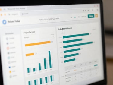 Clean, interactive dashboard interface showing project progress and budget allocation, crisp details, professional corporate realism, 35mm lens, shallow depth of field.