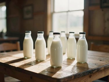 A rustic wooden table in a sunlit barn with fresh organic milk bottles, warm golden hour light, soft shadows, Scandinavian aesthetic, shallow depth of field, 35mm film.