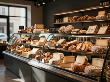An elegant modern food market interior with artisanal cheese and bread displays, soft ambient lighting, high-contrast shadows