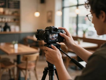 Behind-the-scenes shot of a content creator adjusting a camera on a tripod in a cozy, warm-lit boutique restaurant, soft focus on the background.