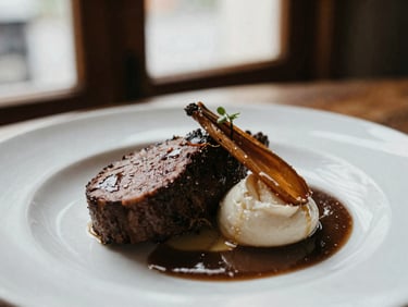 Close-up of a beautifully plated gourmet dish in a rustic restaurant setting, soft natural window light, rich earthy tones, 35mm film