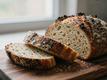 Macro food photography of fresh sourdough bread being sliced, crumbs on a dark wooden board, soft side light, rich textures, 35mm film.