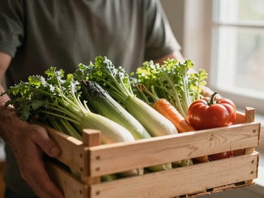 A farmer holding a wooden crate filled with freshly harvested organic vegetables, warm morning sun, soft natural lighting, shallow depth of field