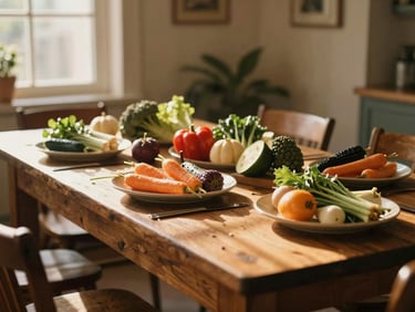 A rustic dining table filled with colorful organic vegetables and plates, warm golden hour light, beautiful shadows, environmental restaurant portrait