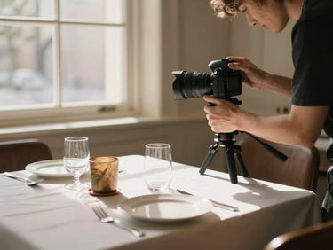 Candid medium shot of a content creator adjusting a camera on a tripod over a beautifully styled restaurant table, soft morning window light, high-contrast shadows