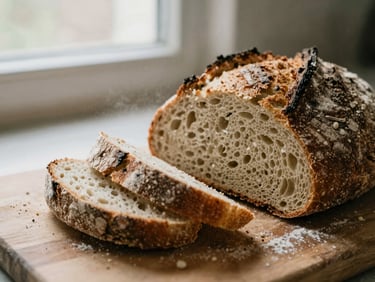 Close-up macro food shot of a rustic sourdough bread being sliced on a wooden board, soft natural window light, flour dust in the air, warm earthy tones, 35mm film style