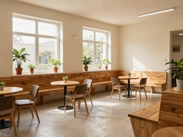 Wide shot of a bright shared communal lounge area in a residential complex, mid-morning natural light, cream walls, wooden benches, potted plants along the window sill, two small round tables with chairs, clean floor, empty and inviting, warm domestic atmosphere