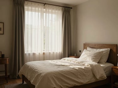 Interior of a tidy residential room, warm natural light through curtained window, neatly made bed with cream linen, wooden side table, calm domestic morning atmosphere