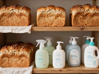 Overhead flat-lay of fresh bread loaves and baby care products arranged on a warm wooden shelf, soft morning light, cream and sage cloth accents, tidy retail display in a small family shop