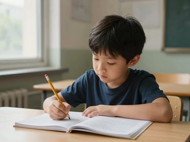 Eye-level shot of a child sitting at a study table inside a learning room, pencil in hand, exercise book open, natural light from a side window, focused and calm atmosphere