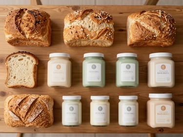 Overhead flat-lay of fresh bakery bread loaves and small jars of baby products arranged on a warm wooden shelf, soft natural light, earthy cream and sage tones