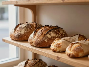 Eye-level close-up of a wooden bakery shelf inside a small warm shop: three artisan bread loaves and two paper-wrapped pastries arranged neatly, soft morning daylight through a nearby window, muted cream and brown tones, no text or signage