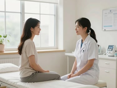 Bright midwife consultation room, a midwife seated beside a young mother, warm clinical light from a wide window, clean white surfaces, calm and reassuring domestic-health atmosphere