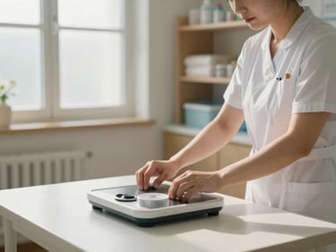 Warm clinical midwifery room — a midwife's hands arranging a baby scale on a clean white table, soft daylight through frosted glass, tidy shelves in background, professional yet welcoming