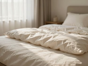 Close-up of a tidy furnished room interior — a neatly made bed beside a window with sheer curtains, soft morning light, warm cream tones, domestic and orderly