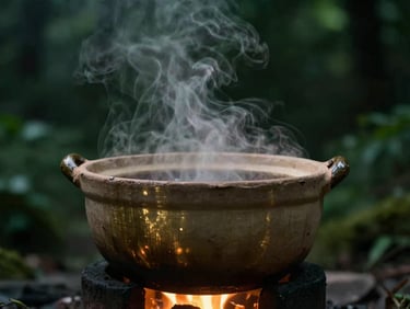 Close-up of a rustic clay pot simmering over low embers, steam rising, dramatic chiaroscuro lighting, deep forest greens, shallow depth of field, 35mm