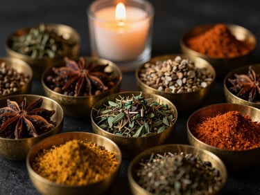 Macro shot of exotic spices arranged artfully in small brass bowls, dramatic chiaroscuro lighting, warm brass tones, shallow depth of field, 35mm