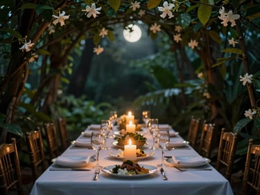 Wide environmental shot of an intimate dining table under a jasmine canopy, warm candlelight, soft moonlight, deep forest greens, brass accents, shallow depth of field, 35mm