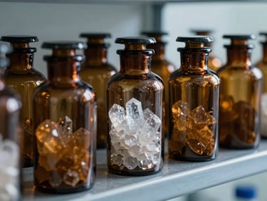 Crystalline chemical reagents inside secure amber glass storage bottles on a metal shelf, cool clinical shadows