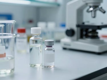 Close-up of sterile laboratory glassware and vials on a cleanroom workbench, cool white clinical lighting
