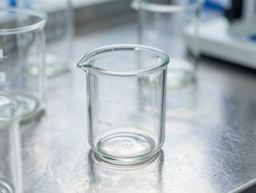 Macro close-up of sterile laboratory glassware on a stainless steel surface under cool, clinical high-key white light, sharp shadows.