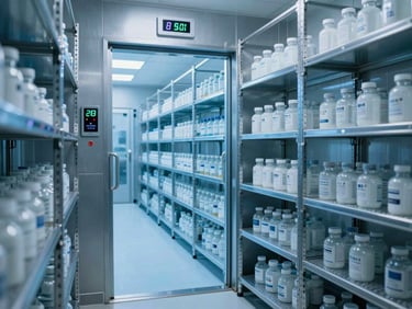 Structured environmental shot of a state-of-the-art pharmaceutical cold-chain storage vault with digital temperature readouts, cool blue lighting, sterile metal shelves