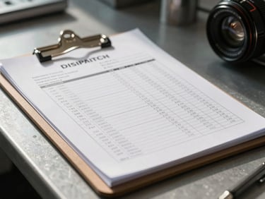 Close-up of physical dispatch rate sheets and logbooks on a metal clipboard, industrial desk setting, low-angle morning light.