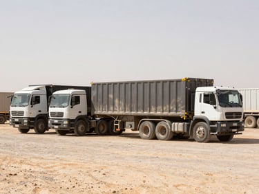 Wide environmental shot of heavy transport trucks parked at a dusty desert logistics depot under harsh daylight, steel and sand tones, high contrast.
