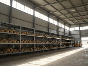 Interior of a massive industrial food warehouse with steel shelving, high contrast industrial lighting, direct sunlight streaming from high windows.
