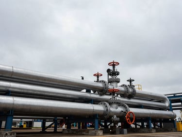 Wide environmental shot of heavy piping manifolds and industrial fabrication yard under overcast steel-gray sky, high-contrast industrial lighting, 35mm
