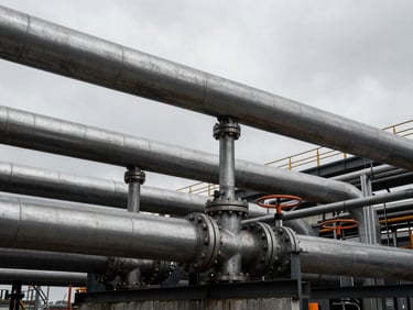 Wide environmental shot of a massive industrial piping manifold under overcast shipyard daylight, high-contrast desaturated steel tones.