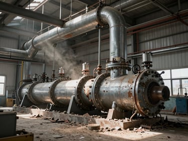 Objective wide shot of a damaged industrial boiler room after a pressure failure, harsh direct inspection daylight cutting through dust, metal wreckage.