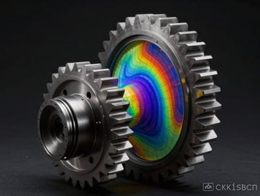 High-contrast technical visualization of a finite element stress analysis heatmap on a mechanical gear assembly, deep dark background.