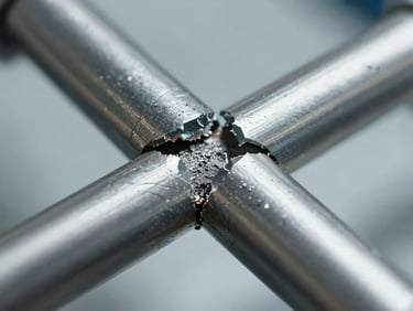 Extreme close-up under clinical laboratory lighting of a fractured steel shaft, showing microscopic fatigue striations and metal grain deformation.
